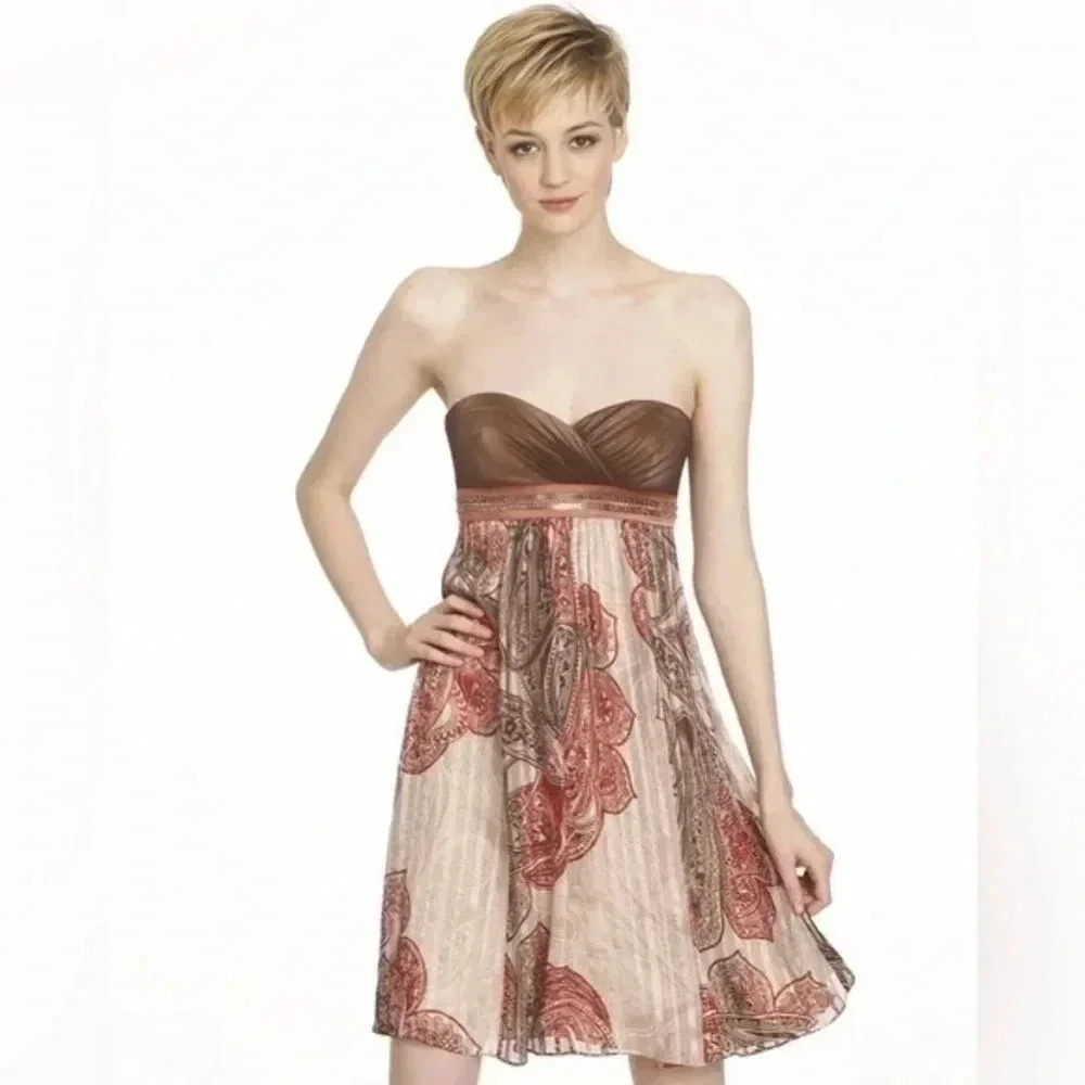 BCBGMaxAzria Boho Silk Strapless Dress Party Cocktail Gold Brown Coral Size 0